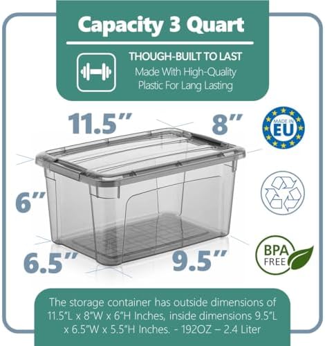 Tribello 6 Quart Storage Containers with Lids, Plastic Storage Bins with Latching Lids For Organizing - Tinted - (11.5’ x 8” x 6”) - Set of 4 - Made in EU (Pack of 2) - Image 2