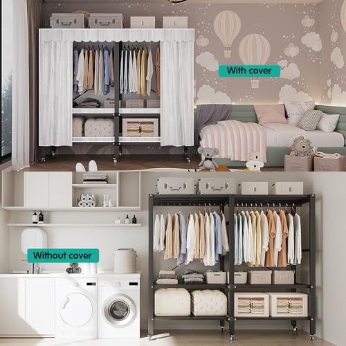 Foldable Clothe Rack with Cover and Wheel Heavy-Duty Portable Closet Wardrobe Freestanding Metal Clothing Rack Armoire Rolling Garment Racks Closet System (Gray Zipper, 59in) - Image 7