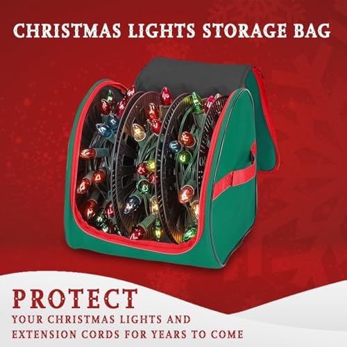 Premium Christmas Light Storage Bag – Heavy-Duty 600D Tear-Proof Material with Reinforced Handles – Includes 3 Reels, Stores up to 375 Ft of Mini Lights & Extension Cords – Green with PVC Lining - Image 3