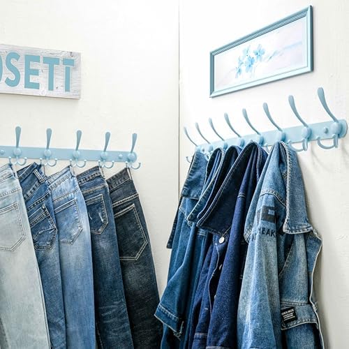 Dseap Coat Rack Wall Mount - 29.5” Long 8-Tri-Hooks Heavy Duty Coat Hanger Rail Wall Hooks for Hanging Coats Hats Clothing Clothes Purse Mudroom Entryway, Blue, Pack of 2 - Image 6