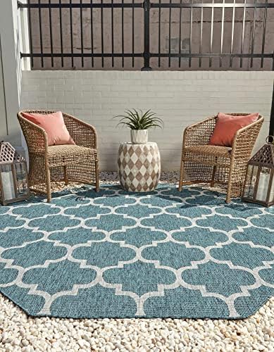 Unique Loom Trellis Collection Area Rug-Lattice Design, Moroccan Inspired for Indoor/Outdoor Décor, 5' 0" x 5' 0" Octagon, Teal/Gray - Image 4