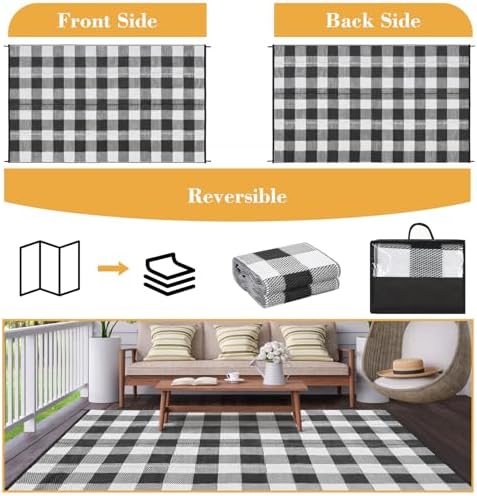 GlowSol Large Outdoor Rug 10x14 Plastic Straw Rug Waterproof UV Resistant Reversible Rug, Modern Black White Outdoor Checkered Rug, Foldable Camping Mat for Picnics, Beach, Backyard - Image 2