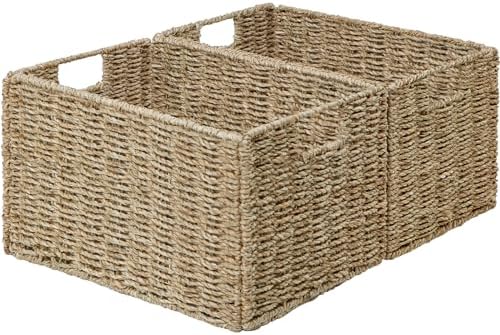 Vagusicc Wicker Storage Basket, Set of 2 Hand-Woven Storage Baskets for Organizing, Small Wicker Basket for Toilet Paper, Foldable Large Cube Storage Organizer Basket Bins for Shelves (Sea Grass) by Vagusicc