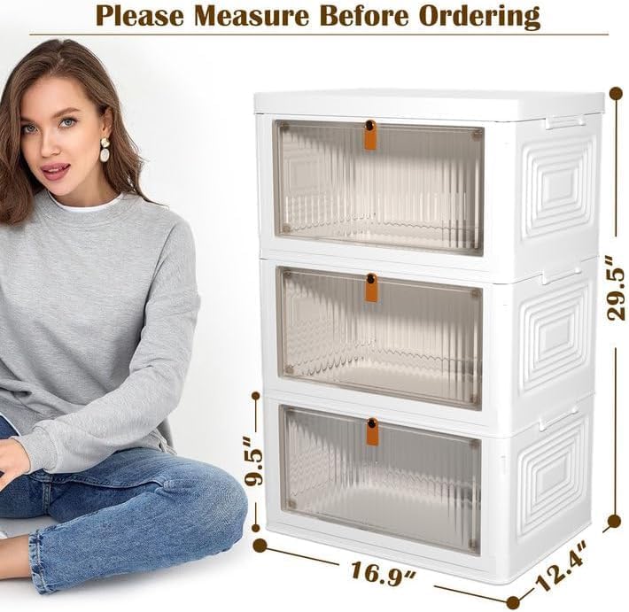 YFXCVSL 3 Tier Plastic Storage Bins with Lids 35QT, Stackable Storage Containers with Wheels, Folding Storage Boxes, Extra Large Collapsible Storage Bins, White - Image 3