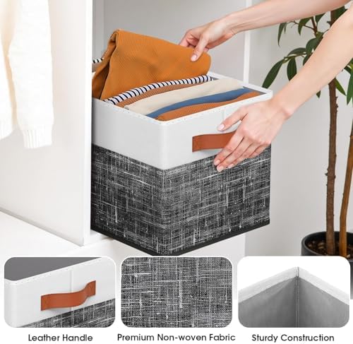 Fab totes Collapsible Storage Baskets for Shelves,14"x10", 8 Pack Foldable Fabric Storage Bins with Double Leather Handles, Large Baskets for Organizing Books, Clothes, White & Black - Image 4