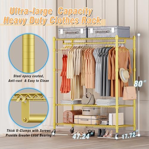 Homdox Gold Heavy Duty Clothes Rack with Wheels, 3-Tier Rolling Metal Garment Organizer with Double Hanging Rods & Hooks, Freestanding Portable Closet, 17.72" D x 47.24" W x 80.71" H - Image 6