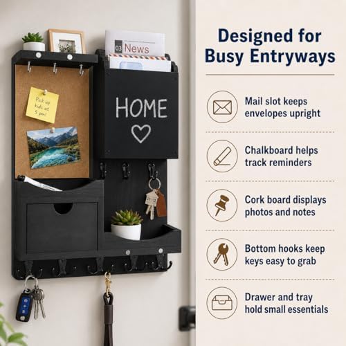 Key Holder Wall Mount with Drawer and Mail Organizer, Black - Image 5