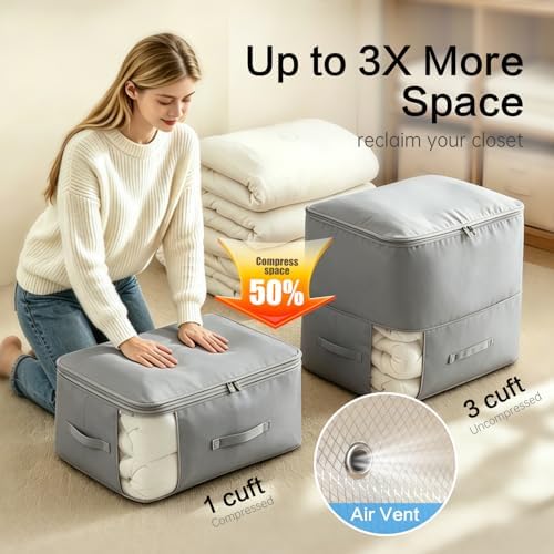 Comforter Storage Bag, Large Capacity Blanket Storage Bags 3-Layer Ultra Space Saving Self Compression Organizer, Heavy Duty Space Saver Organizer for Bedding, Clothes, Blanket, 6-Pack, Gray - Image 2