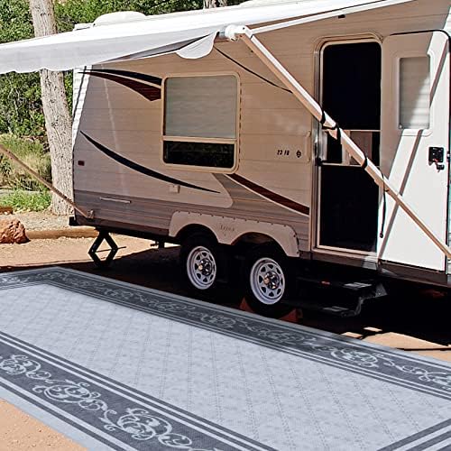 EEZ RV Products 9x18VG Heavy Duty Reversible/Durable Outdoor Patio/RVing Mats(9ft x18ft Vine Grey) Come with Large Storage Bag & 6 Sets of Stakes and Washer - Image 2