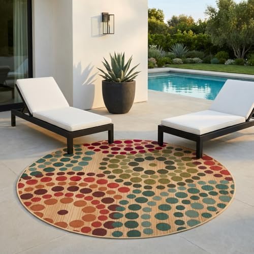 Unique Loom Outdoor Modern Collection Area Rug - Spark (4' 1" Round, Beige/ Burgundy) by UniqueLoom