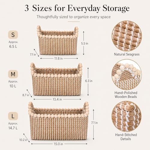 Handwoven Seagrass Shelf Baskets, Set of 3 Decorative Storage Bins with Bead-Accented Handles, Vietnamese Woven Baskets for Entryway, Bathroom, Bedroom, and Living Room - Image 3