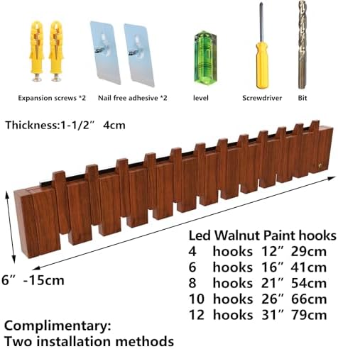 Paint Wood Wall Mounted Coat RackHooks Piano Key Hangers Natural Solid Wood Hanger Non-Woven Fabric Clothes Hangers for Closet, Kitchen, Bedroom, Bathroom, Entryway（LED+Walnut 12 Hooks） - Image 2
