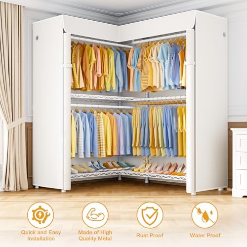 ULIFHOME E15C Pro Garment Rack L Shaped Clothes Rack for Corner，Freestanding Clothing Racks for Hanging Clothes，Heavy Duty Closet System 48.8"W x 15.8"D x 78.4"H，White Rack with White Dustproof Cover - Image 4