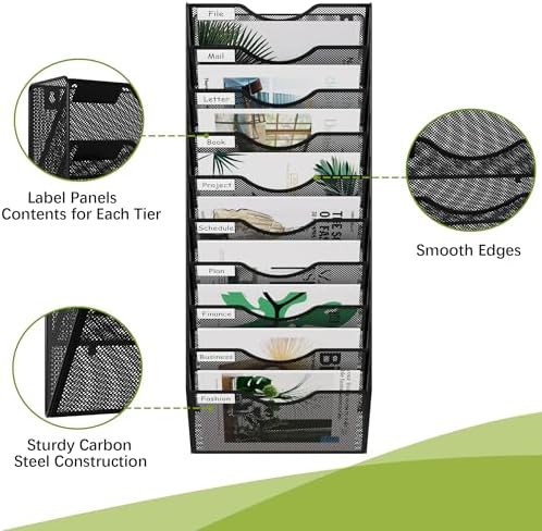 EasyPAG 10 Pocket Mesh Wall File Organizer, Hanging Paper Folder Holder with Classify Label, Vertical Wall Mount Mail Organizer for Office Home Classroom, Black - Image 3