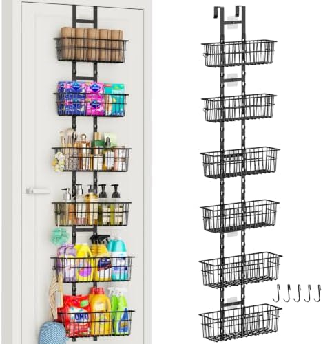 Hongtamoya Over The Door Organizer, Adjustable Hanging Door Organizer with 6 Wire Baskets 5 Hooks, Metal Behind The Door Storage for Pantry Closet Bedroom Bathroom Cabinet Kitchen Laundry Room, Black by Hongtamoya