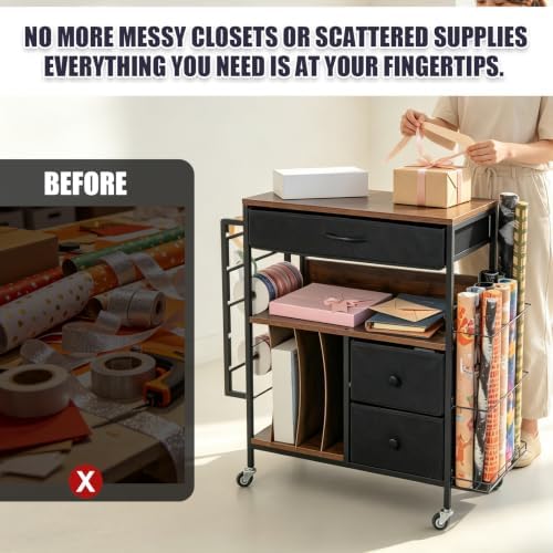 Wrapping Paper Storage Cart, Rolling Gift Wrap Station with 3 Drawers & Side Holders, Wrapping Paper Organizer Holder with Wheels for Gift Bags, Ribbons, Wrapping Supplies - Image 2