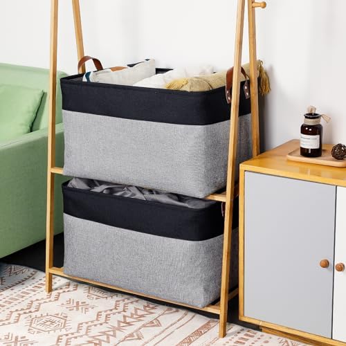 DULLEMELO Extra Large Storage Basket 22X15, 70L Foldable Fabric Toys Baskets Organizer Bins, Black&Grey - Image 4