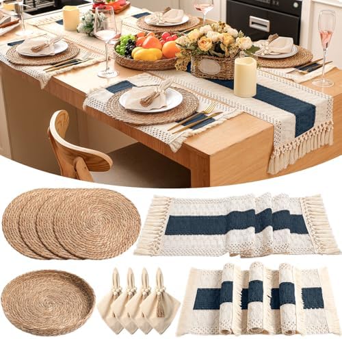 4 Sets Boho Placemat Table Runner Napkin Rings, Blue, 12x72 by Gandeer