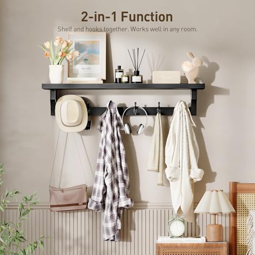 RALGEND 29" Coat Rack Wall Mount Shelf, Wall Shelf with 6 Hooks, Long Coat Hangers for Living Room, Entryway Storage Organizer, Wooden Floating Shelves for Bathroom, Bedroom, Kitchen, Black 7401BJBB - Image 3