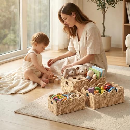Scalloped Wicker Baskets Set of 3, Hand-Woven Storage with Handles - Image 4