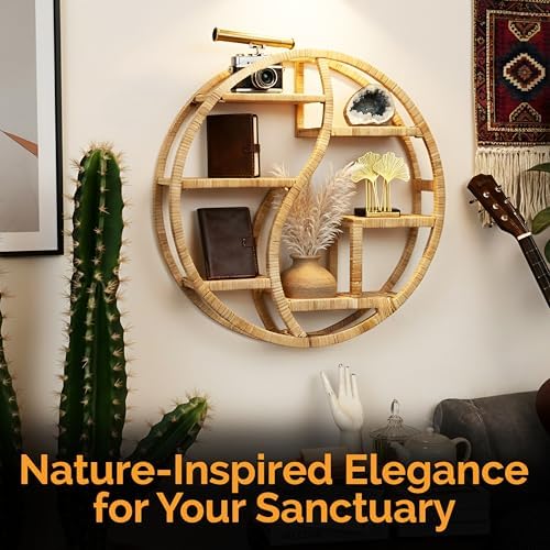 Vintiquewise Round Bamboo Wall Shelf with 3-Tier Wooden Display Sections – Boho Circle Hanging Shelf for Living Room, Bedroom, Entryway & Home Decor, Plants & Collectibles - Image 5