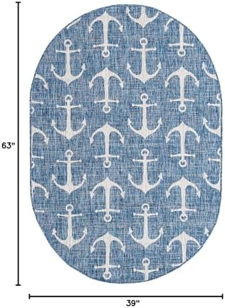 Unique Loom Outdoor Coastal Collection Area Rug - Ahoy (3' 3" x 5' 3" Oval, Blue/ Ivory) - Image 3