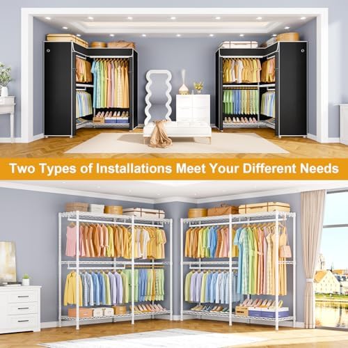 ULIFHOME E15C Garment Rack L Shaped Clothes Rack for Corner，Freestanding Clothing Racks for Hanging Clothes，Heavy Duty Closet Organizer 43.4"W x 15.8"D x 78.4"H，White Rack with Black Dustproof Cover - Image 5