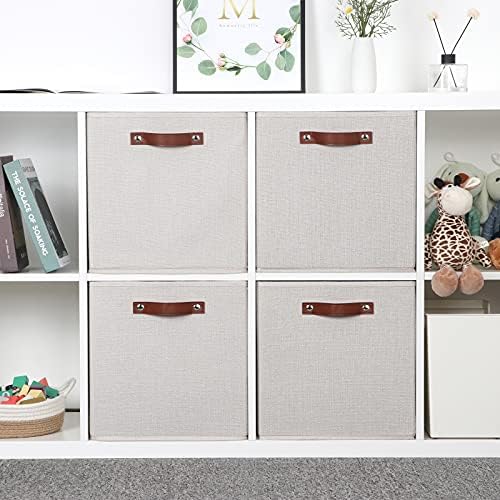 Temary Fabric Storage Cubes Storage Bins with Dual Leather Handles, 4 Pack Cube Baskets 13x13 Foldable Cube Organizers for Shelves, Home, Office, Nursery - Image 4
