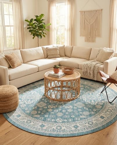 Rugs.com - Outdoor Aztec Rug – 10 Ft Round Aqua Indoor/Outdoor Rug – Washable Flatweave for Patios, Decks, and Porches - Image 4