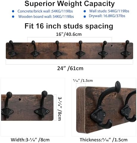 WEBI Rustic Coat Rack Wall Mount,24" Long 6 Cast Iron Coat Hooks Wall Mounted,Heavy Duty Farmhouse Wood Coat Hanger Wall Antique Vintage Hooks for Hanging Jacket,Clothes,Backpack,Rustic Brown,2 Packs - Image 3