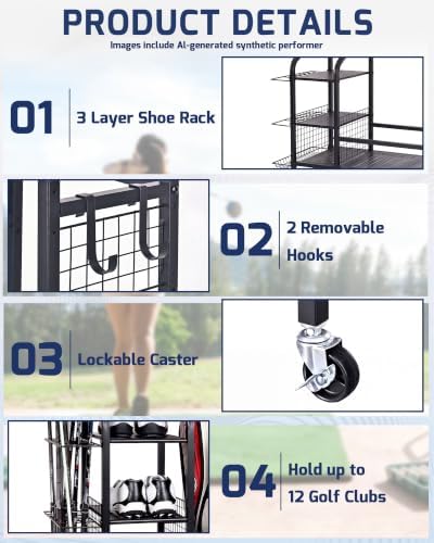 Golf Bag Storage Organizer Rack for Garage, Golf Bag Stand with Rolling Wheels, Heavy-Duty Metal Golf Equipment Organizer for Home, Garage, Clubhouse - Image 3