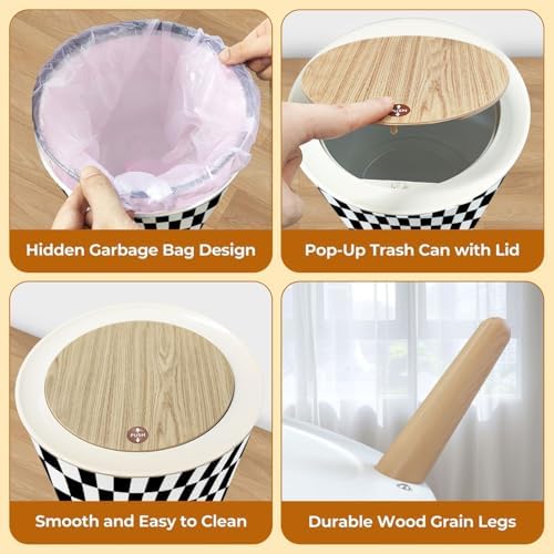 Trash Can with Lid White Black Squares Chess Board Checker Board Abstract Small Garbage Can with Legs Waste Bin Press Cover Wastebasket for Kitchen Bathroom Living Room 7L/1.8 Gallon - Image 4