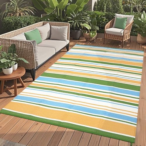 GAOMON 9x12 Large Outdoor Rug Waterproof for Patio Plastic Straw Rug Geometric Stripe Indoor Outdoor Area Rug Modern Lines Outdsid Camping Rugs for Backyard Balcony Trailer, Yellow Blue Green White by GAOMON