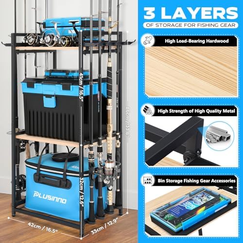 PLUSINNO 3 Tier Fishing Rod Holder, Fishing Pole Holders for Garage, Fishing Rod Rack Fishing Rod Storage Up to 8 Rods, Fishing Gear Tackle Box Fishing Equipment Organizers, Fishing Gifts for Men - Image 3