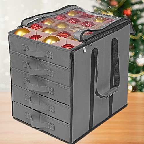 ProPik Christmas Ornament Storage Boxes with Dividers - 5 Separate Trays - Ornament Holder - Keeps 100 Holiday Ornaments - Durable Carrying Bag Handles Organizer Storage Box (Gray) - Image 2