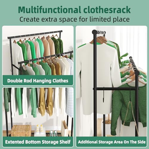 Ekisemio Double Rods Clothes Rack with Wheels Load 400 LBS, 45 Inch Rolling Clothing Rack for Hanging Clothes, Heavy Duty Garment Rack with Shelves, Metal Portable Closet, Black - Image 5