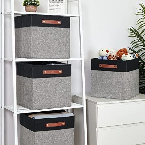 Temary 13 x 13 Storage Cubes Foldable Storage Cubes 4 Pack Canvas Storage Bin for Home, Square Storage Baskets with Leather Handles (Black&Grey) - Image 6