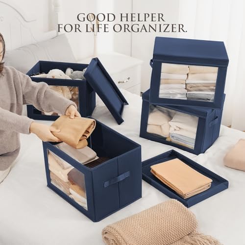 Homsorout Stackable Storage Bins with Lids - Large Decorative Basket with Lids, Fabric Foldable Closet Organizer Bins, Shelf Organizer for Living Room, Dorm, 5 Pack, Navy Blue - Image 3