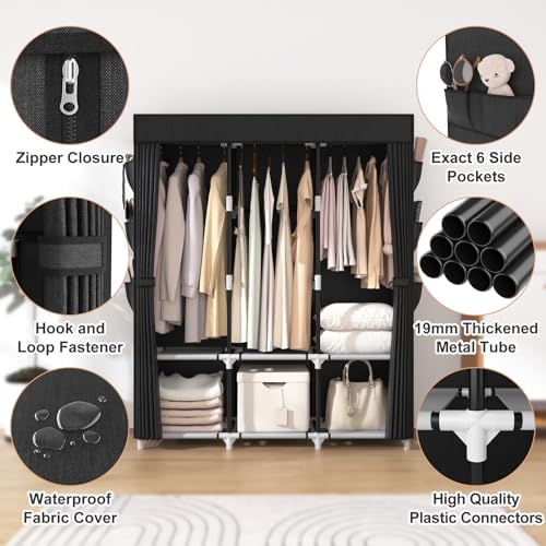 VTRIN Portable Closet for Hanging Clothes 52 Inch Wide Portable Wardrobe Closet with Cover, 6 Storage Shelves and 3 Hanging Rod, Diameter 19mm Metal Pipe, Sturdy Closet for Bedroom, Black - Image 4