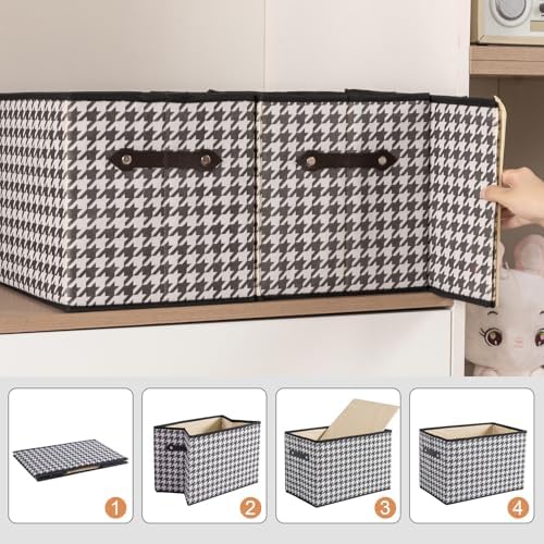 6 Pack Large Collapsible Storage Baskets for Shelves,14.9"x9.5" Fabric Closet storage Boxes with Leather Handles,Decorative Organizers Storage Bins for Clothes,Sheets,Toys,Books,(Houndstooth - Image 6