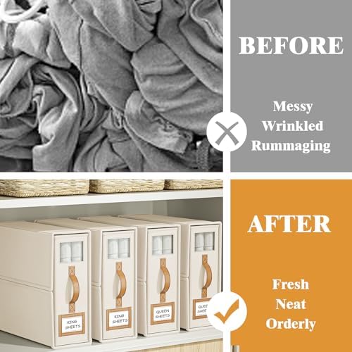 8 Pack Foldable Bed Sheets Set Organizers and Storage(King & Queen Size),Linen Fabric Closet Organizers with Window,Folding Bedding Storage Box for Bedsheets and Pillow Cube Organizer-Beige - Image 2