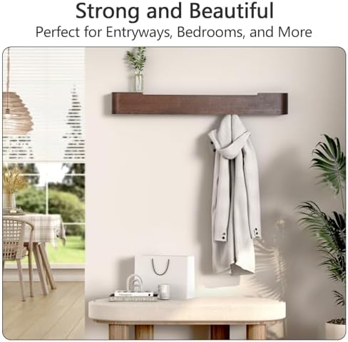 Coat Rack Wall Mount with Shelf 8 Hidden Hooks Modern Wooden Key Holder Entryway Organizer for Hallway Bedroom Bathroom Home Decor Storage for Hanging Coats Hats Bags Towels, Walnut - Image 5