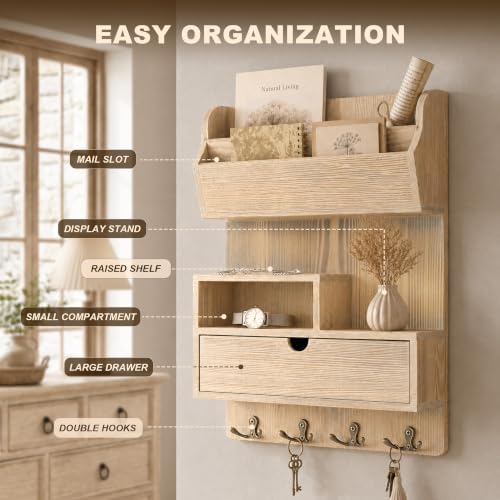 Rebee Vision Pine Wood Key Holder Wall Mount with Drawer, NaturalWood - Image 5
