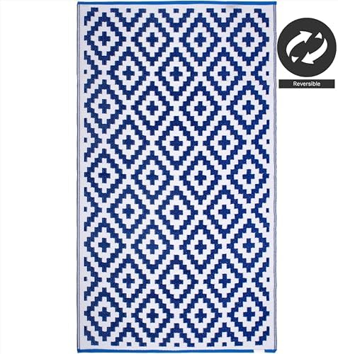 FH Home Outdoor Rug - Waterproof, Fade Resistant, Reversible - Premium Recycled Plastic - Geometric - Patio, Deck, Porch, Balcony, Laundry Room - Aztec - Blue & White Crease Free - 4 x 6 ft - Image 5