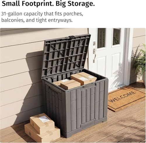 EAST OAK Outdoor Storage Box, 31 Gallon 2 Pack Deck Box Indoor and Outdoor Use, Waterproof Resin Storage Bin for Package Delivery, Patio Cushions, Gardening Tools, Lockable, UV Resistant, Grey - Image 2