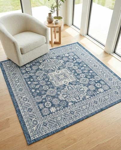 Rugs.com - Outdoor Aztec Rug – 5 Ft Square Blue Indoor/Outdoor Rug – Weather Resistant for Patios, Decks, and Porches - Image 5