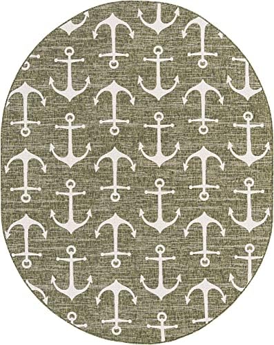 Unique Loom Outdoor Coastal Collection Area Rug - Ahoy (7' 10" x 10' Oval, Green/ Ivory) - Image 3