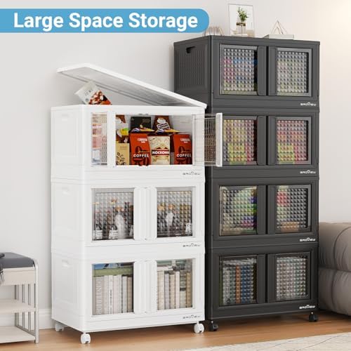 BROVIEW 500 Qt Stackable Storage Bins with Lids & Doors, 5 Pack Plastic Closet Organizer and Storage Drawers with Wheels, Large Collapsible Storage Boxes, Cabinet for Home, Office, V10, Black - Image 5