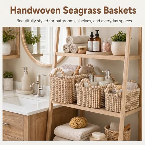 Handwoven Seagrass Shelf Baskets, Set of 3 Decorative Storage Bins with Bead-Accented Handles, Vietnamese Woven Baskets for Entryway, Bathroom, Bedroom, and Living Room - Image 2