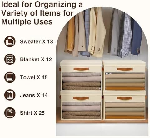 Homsorout Large Storage Bins with Lids - 6 Pack Foldable Decorative Organizers with Clear Windows & Handles, Cube Storage Organizers for Clothes, Blankets, Sweaters, CD, Beige - Image 6